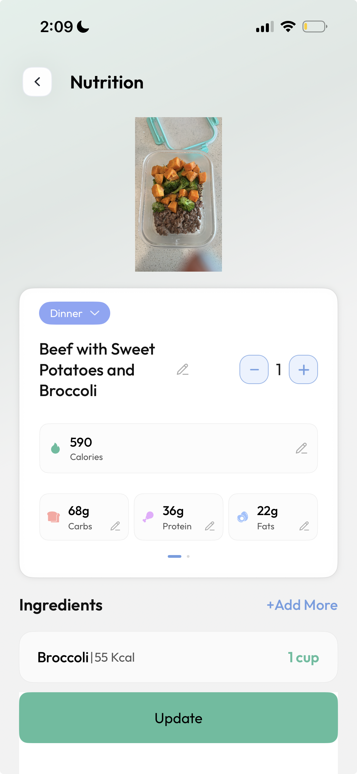 Cal360 nutrition result showing Beef with Sweet Potatoes and Broccoli, 590 calories with macro breakdown