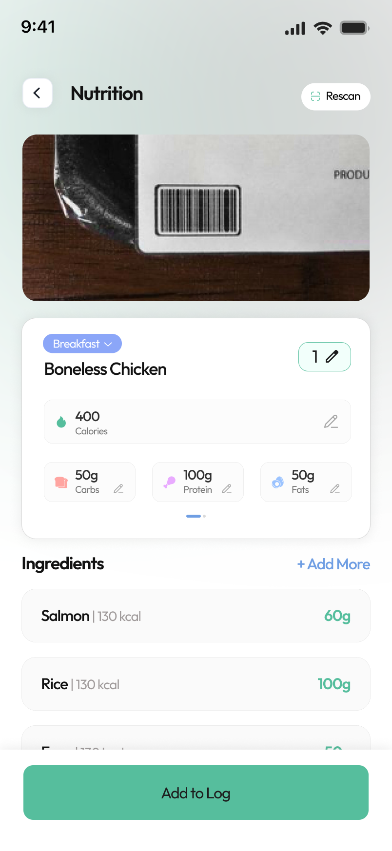 Cal360 barcode scan result showing nutritional breakdown for Boneless Chicken with macros and ingredients